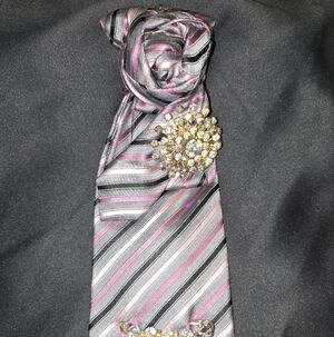 Striped Pink/Purple/Grey Necklace Tie with Brooch